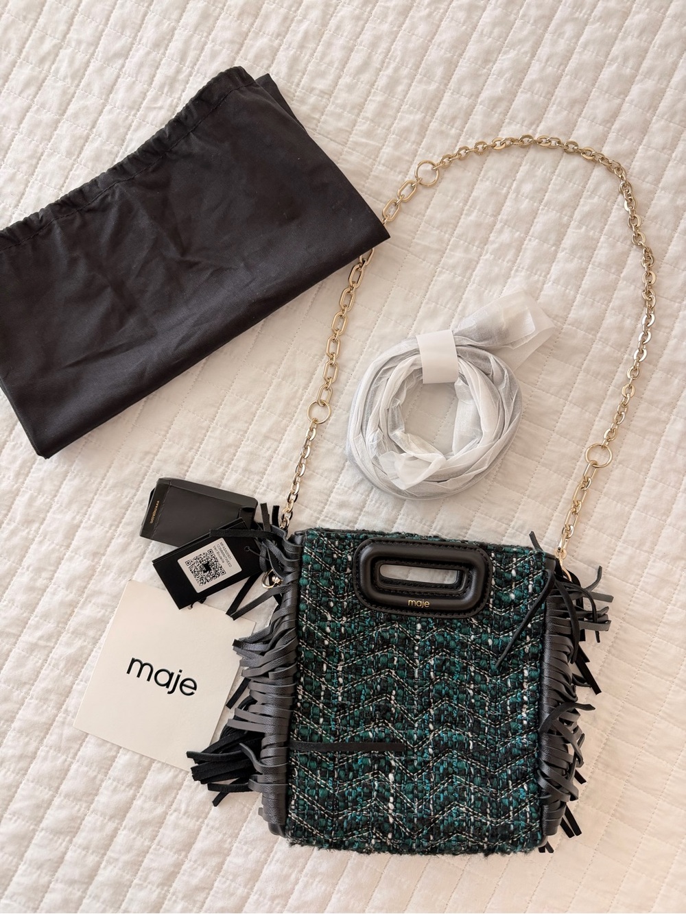 Maje Green Tweed Fringe Crossbody with Gold Chain Strap